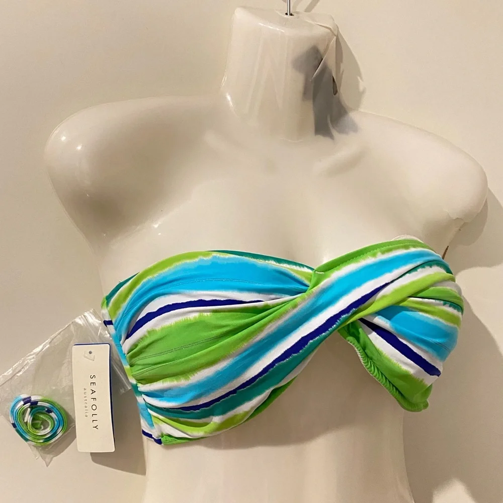Seafolly 👀 BNWT ladies palm green striped twist bandeau removable strap s14 - Picture 1 of 3